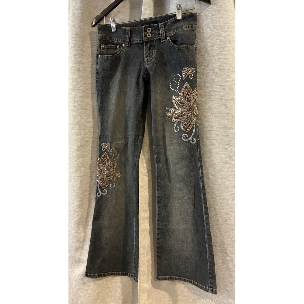 Vtg Angels Y2K Jeans Flare Gold Floral Embroidered Beaded Sequin Low Rise 7 Boho - Picture 2 of 6